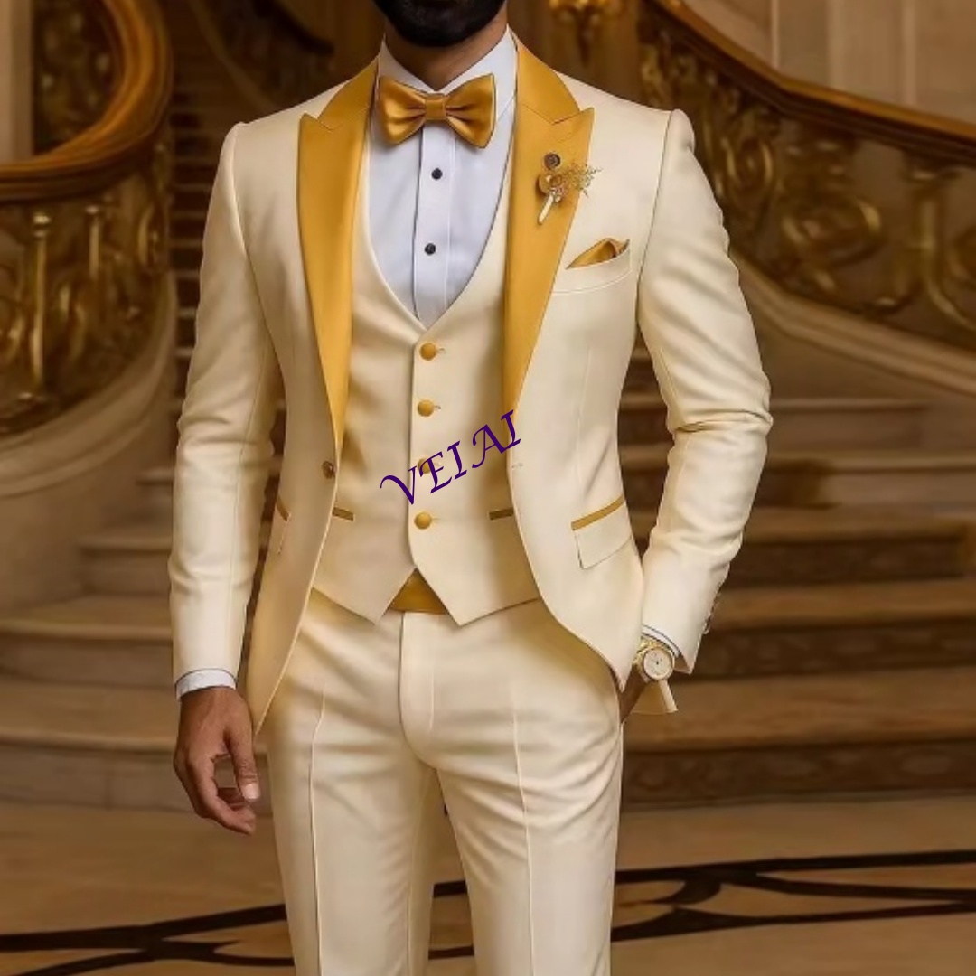 Men Formal Wear Wedding - Özel Tasarım Altın Yaka Fildişi Erkek