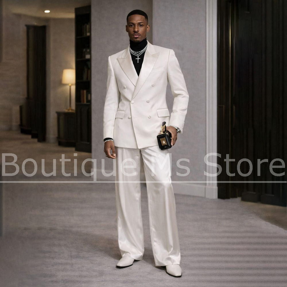 Men Formal Wear Wedding - Erkek Beyaz Saten Takım Elbise 2