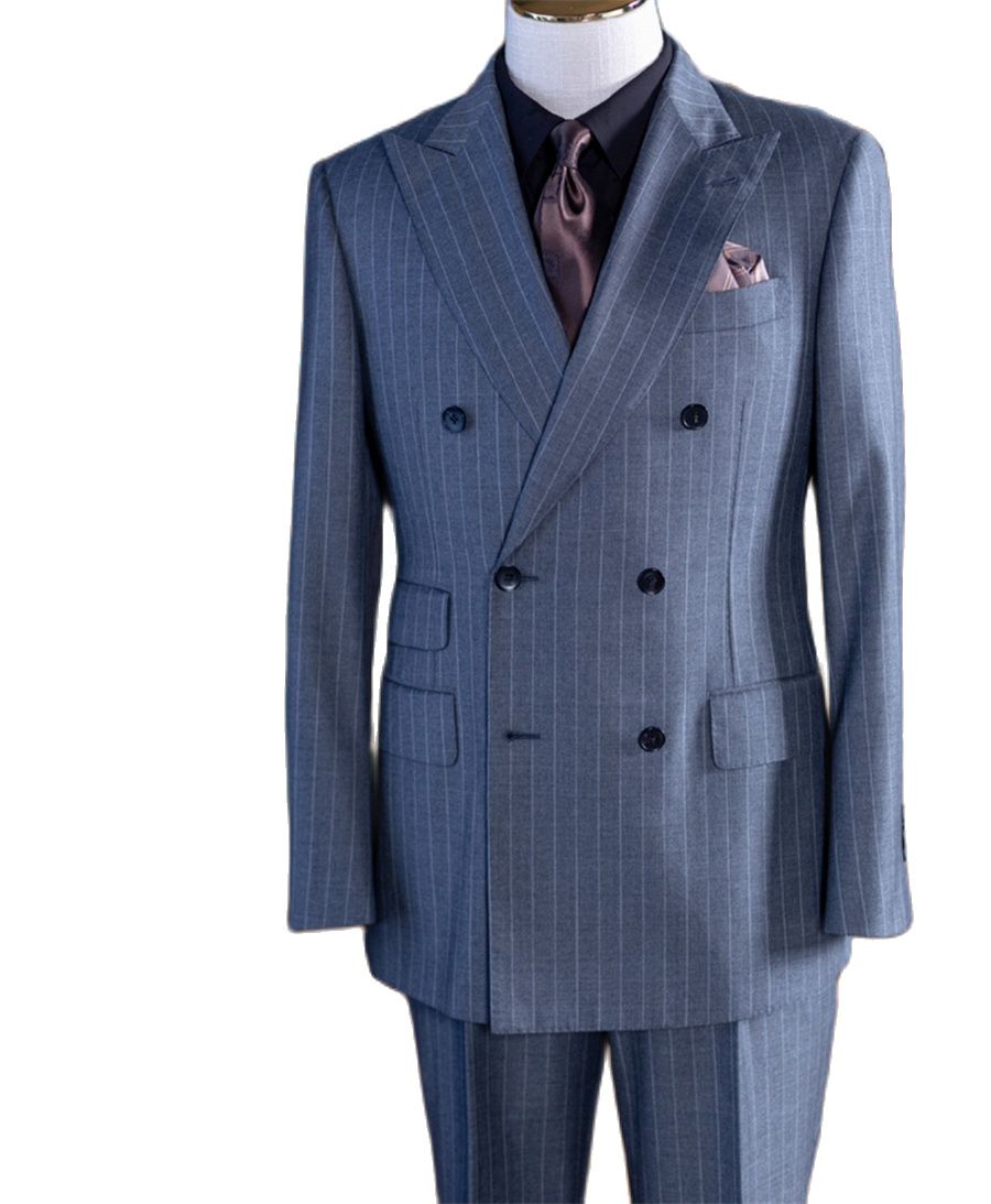 Men Formal Wear Wedding - Gri Çizgili Kruvaze Klasik Erkek Takım