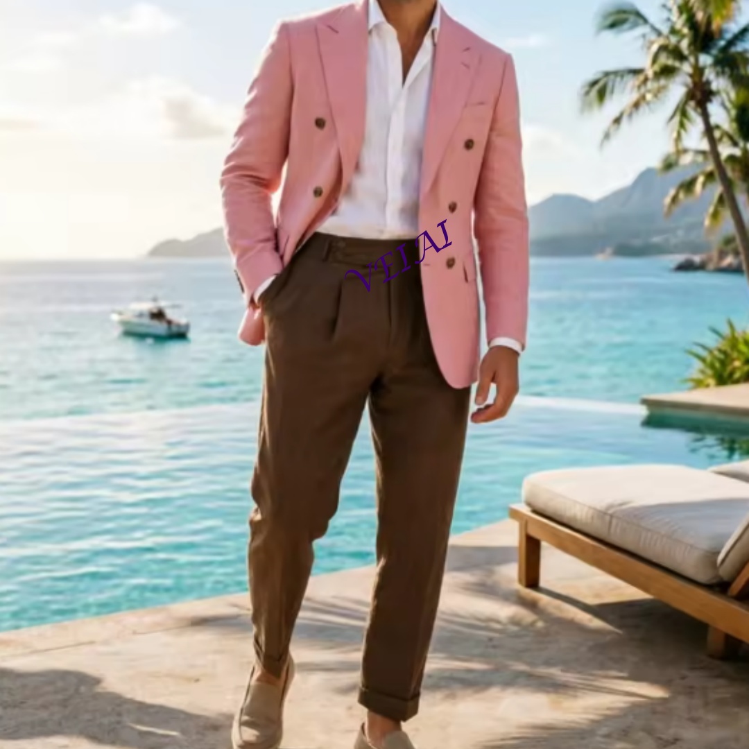 Men'S Holiday Formal Wear - Özelleştirilmiş 2 Parçalı Bej Keten Erkek